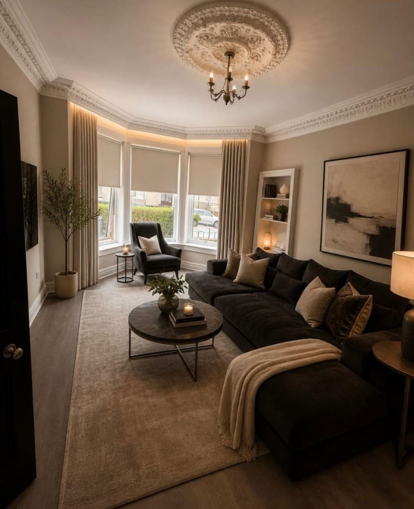 Immaculately presented living room with bay window, neutral furnishings, and polished surfaces after regular domestic cleaning