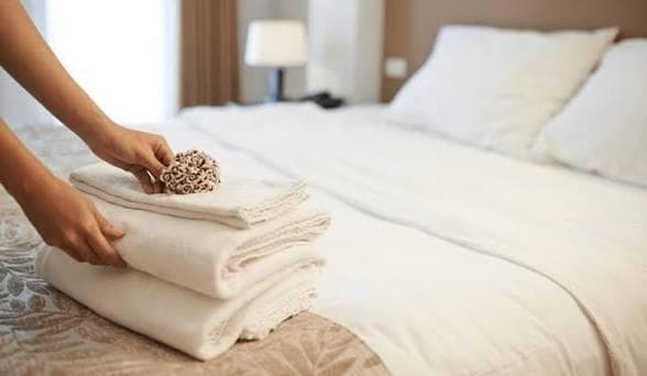 Hands arranging folded white towels on a freshly made bed with crisp linens during a short-stay turnover